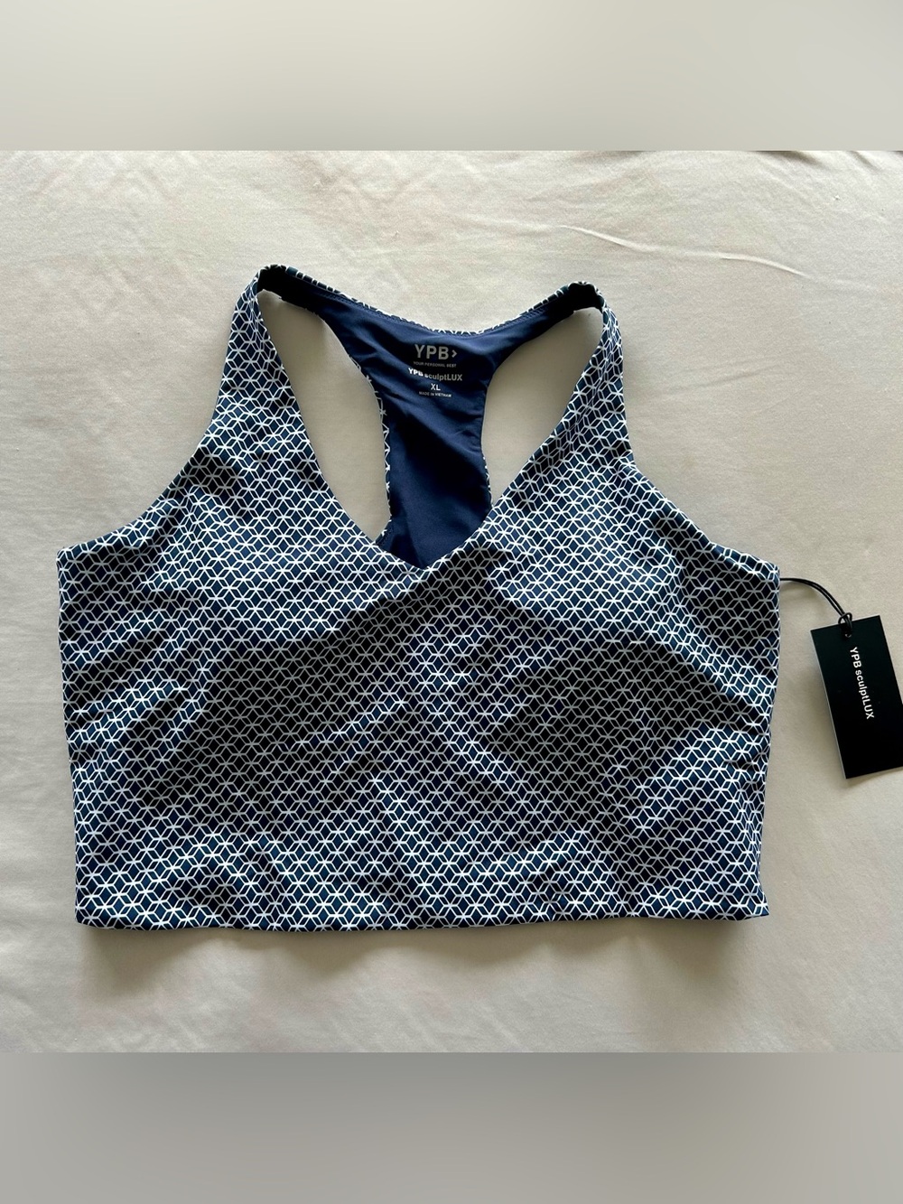 A&F YPB Sculptlux Racerback V-Neck Cropped Tank in Navy Geometric Pattern